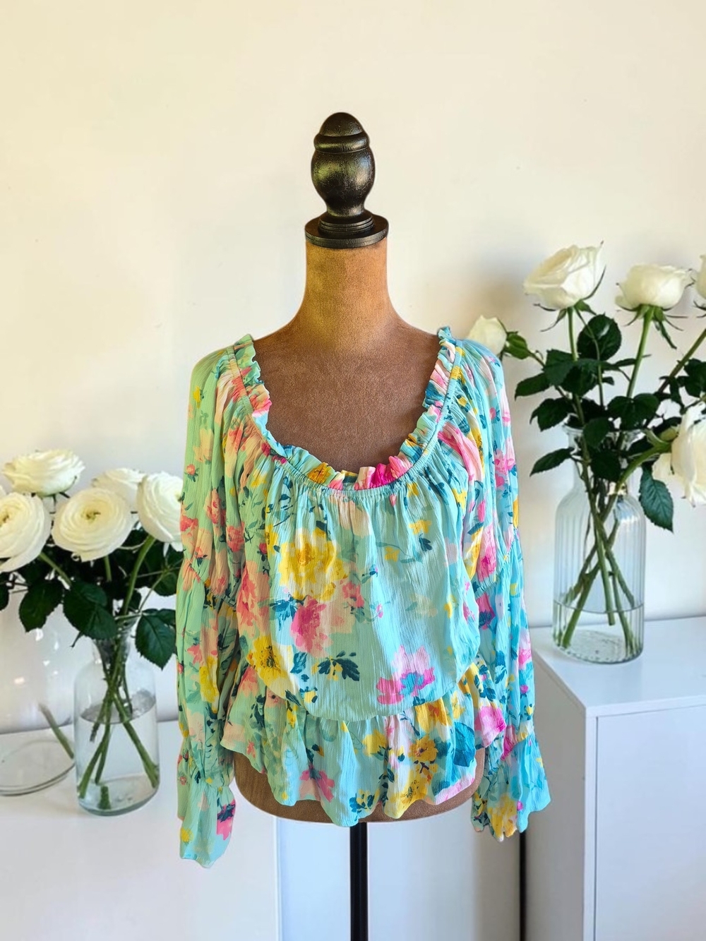 Aqua Floral Women's Peasant Blouse With Bell Long Sleeves